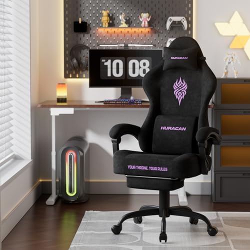Ferghana Velvet Fabric Gaming Chair - 20.5″ Wider Seat Cushion, Fire Embroidery, Ergonomic High Back Game Chair with Footrest | Computer Chair with Massage Lumbar Support for Adult, Black - Image 2
