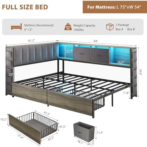 MapleGrace Full Corner Bed Frame with Upholstered Storage Headboard and Drawers, Metal Platform Bed Frame with LED Light and Charging Station, Full Daybed for Living Room, Bedroom & Guest Room, Gray - Image 2