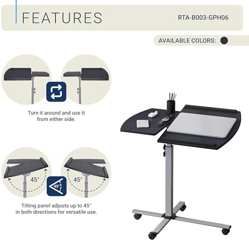 Techni Mobili Adjustable Height Rolling Laptop Cart w/ Tilting Top Graphite - Image 5