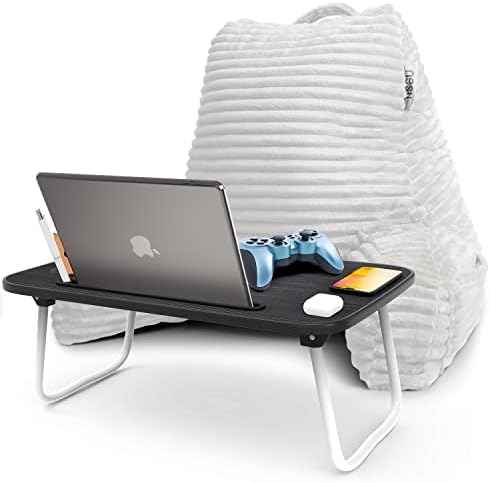 Nestl White Reading Pillow with Bed Desk for Laptop and Writing, Luxe Cut Plush Back Pillow for Sitting Up, Back and Arms Adjustable Support for Adult and Teens, Foldable Lap Desk for Bed 22x14” by Nestl