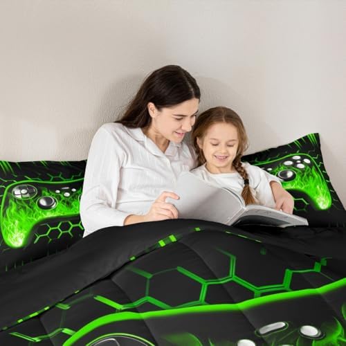 Erosebridal Honeycomb Gamer Boys Bedding Comforter Sets Green Neon Lights Game Console King Size Comforter Set Ombre Art Geometric Hexagon Beehive Bed Set Gaming Decor for Boys Bedroom Decor - Image 3
