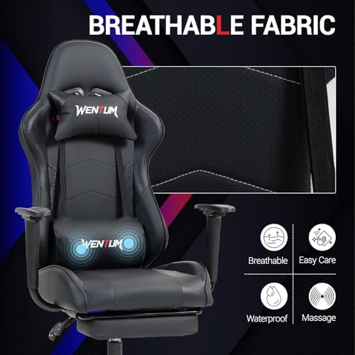 Gaming Chair with Footrest, Ergonomic PC Desk Chair with Headrest and Massage Lumbar Support, Video Game Chair w/Height Adjustable High Back for Home Office, Black - Image 6