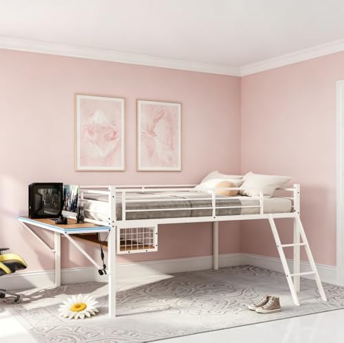 Bellemave Full Loft Bed with Desk, Gaming mid loft Bed with Desk, LED for Adults, Teens, Kids, White - Image 4