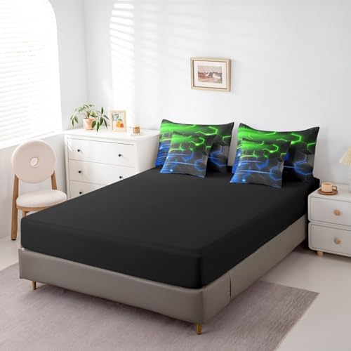 Feelyou Honeycomb Bedding Set Geometrical King Comforter Set with Sheets for Kids Boys Girls Teens Room Decor Modern Hexagon Theme Bed in a Bag 7 Piece Beehive Green Blue Bed Set - Image 5
