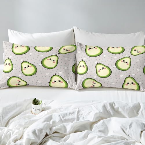 Erosebridal Avocado Sheet Set for Kids Boys Girls Green Kawaii Yellow Avocado Bed Sheet Set Queen Size Cartoon Avocado Decor, 1 Fitted Sheet, 1Fruits Food Flat Sheet, 2 Cute Pillowcases - Image 5