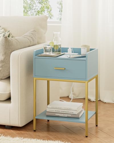 Masupu Nightstand with Charging Station,3-Tier Modern Bedside Night Stand with Storage Drawer and Shelf,Small End Side Table for Bedroom,Living Room,Gold and Blue - Image 4