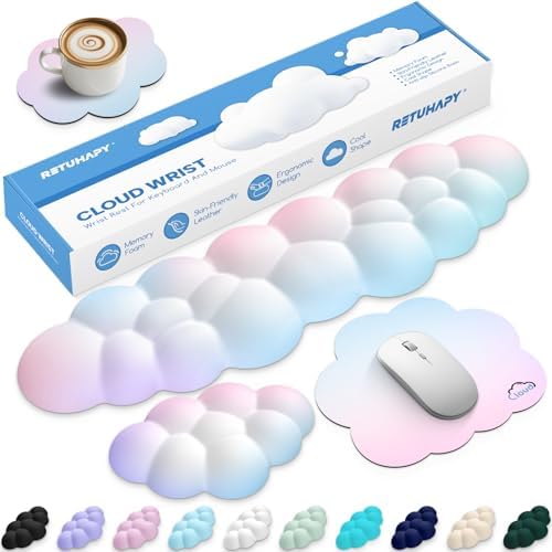 Cloud Wrist Rest Keyboard Cushion and Cloud Mouse Pad, Rainbow | 4-in-1 Ergonomic Cloud Keyboard Wrist Rest Set, Memory Foam, Arm Support for Palm, Cute Desk Accessory for PC Gaming Setup by Unknown