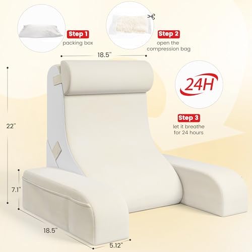 Homkdom Reading Pillow for Sitting in Bed Adult, 22" Back Pillow for Bed Sitting up with Armrests & Storage Pockets, Ergonomic Wedge Pillow for Watching TV, Gaming, Working, Recovery, 5PCS, Beige - Image 6