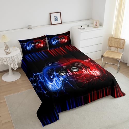 Feelyou Kids 3D Video Game Contoller Comforter Set,Gamer Bedding Set Full Size for Boys Teens Bedroom Room Decor,Game Gaming Comforter,Geometric Lightnings Blue Red Gaming Bed Set - Image 3
