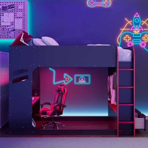 Merax Full Size Wood Loft Bed with Height-Adjustable Desk,Drawers,Storage Compartments,Hanging Rod and RGB Lights,Red - Image 3