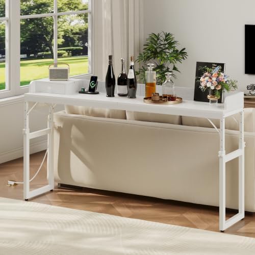 HOOBRO Overbed Table with Wheels, Rolling Table with Outlets & Light Strip for Queen Bed, Mobile Bed Desk & Drawer and Adjustable Height, Giant Computer Desk for Living Room, White WW180UDDN01 - Image 3