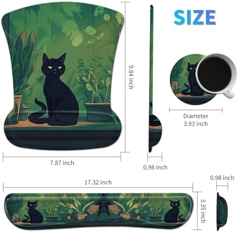 Ergonomic Mouse Pad with Wrist Support Gel Mousepads and Upgrade Keyboard Wrist Rest Pad Set, Coasters Non-Slip PU Base Mouse Mat for Office Gaming Computer Laptop Home, Black Cat Leaf - Image 2