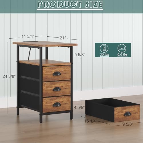 sthmec End Table with Charging Station,LED Side Tables with USB Ports and Outlets,Narrow Nightstands Bedside Tables with 3 Fabric Drawers for Small Space,Slim Sofa Table for Livingroom, Rustic Brown - Image 3