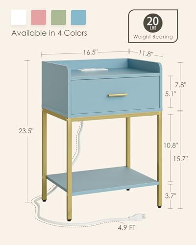 Masupu Nightstand with Charging Station,3-Tier Modern Bedside Night Stand with Storage Drawer and Shelf,Small End Side Table for Bedroom,Living Room,Gold and Blue - Image 2