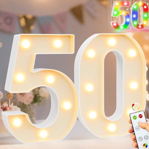 Pooqla 50th Birthday Decoration for Her Him, Decorative LED Light Up Numbers, Marquee Numbers 50 Sign for Party Backdrop 50th Wedding Anniversary Decor Gift, Warm White and Colorful Number 50 by Pooqla