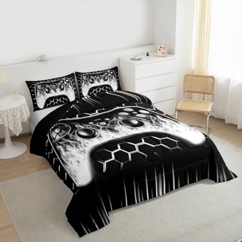 Erosebridal Ombre Art Honeycomb Gamer Comforter Sets for Boys Grey Neon Lights Game Console Toddler Bedding Sets for Boy Geometric Hexagon Beehive Duvet Insert Gaming Decor for Boys Bedroom Decor - Image 2