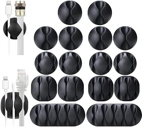 OHill 16-Pack Black Cord Organizer - Adhesive Cable Clips Holder for Desk, Wall, Car - Wire Management Clips for iPhone Charger, USB, Computer Cables -Cord Keepers with Strong Sticky Backing by OHill