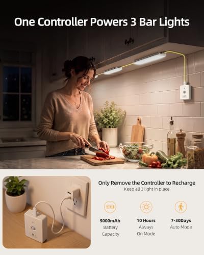 EZVALO RGB Under Cabinet Lights with Remote, Rechargeable Motion Sensor Kitchen Lights, 3-Pack 12 Inch LED Light Bars, 5000mAh Controller, Timer, Dimmable for Kitchen, Display Case, Shelf, Home Bar - Image 5