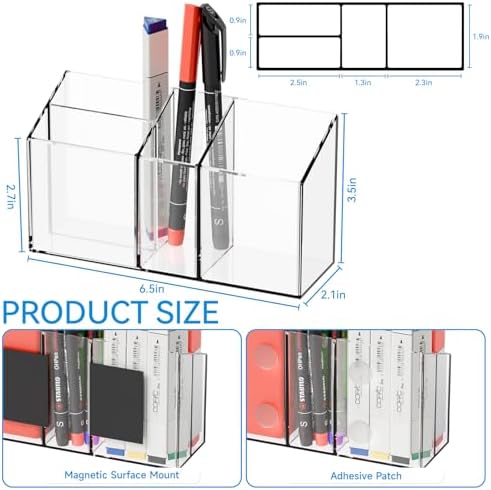 Yieach 2 Pack Magnetic Marker Holder for Whiteboard with Magnet and Adhesive - Non Slip Clear Acrylic Magnetic Pen Cup and Dry Erase Marker Holder for Expo,Refrigerator,Locker and Classroom Organizer - Image 3