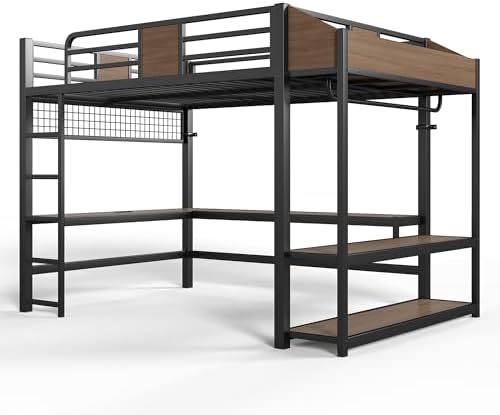 Bellemave Queen Size Metal Loft Bed with L-Shaped Desk, LED Lights & Charging Station, Heavy Duty Loft Bed Frame with Hanging Rod and Storage Shelves for Kids, Teens & Adults, Space Saving,Black - Image 7