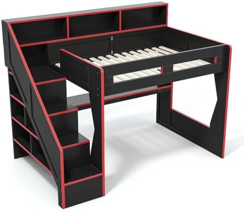 KEIKI Full Size Gaming Loft Bed with Storage Stairs, LED Lights & Desk - Image 5