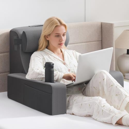 Reading Pillow for Bed, Back Pillow for Bed Sitting Up, Bed Pillows for Sitting Up with Adjustable Armrests, Cup Holder & Large Pocket, Backrest Cushion for Reading, Watching TV (Dark Grey, 4PCS) by Paxato