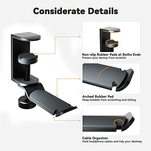 Under Desk Headphone Stand - 360 Degree Rotating Aluminum PC Gaming Headset Holder with Cable Organizer, Adjustable Screw Clamp Hanger for Heavy Headphones, VR Glasses & Bags, Universal Fit - Image 5