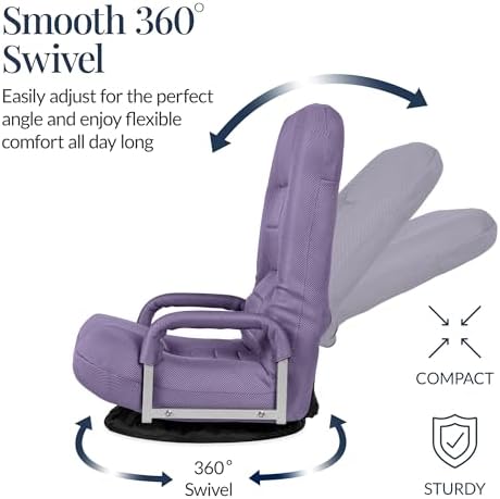 Best Choice Products Swivel Gaming Chair 360 Degree Multipurpose Floor Chair Rocker for TV, Reading, Playing Video Games w/Lumbar Support, Armrest Handles, Adjustable Foldable Backrest - Light Purple - Image 6