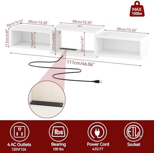 IBUYKE Floating TV Stand Wall Mounted with Power Outlet,Modern Wood Wall Mounted Media Console Shelf,Floating Entertainment Center for Under TV Storage for Living Room Bedroom Office,White WST001W - Image 2