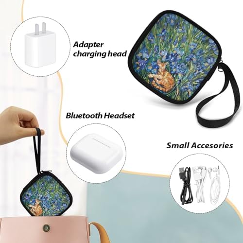 Blue Flower and Cat Portable Wireless Headphone Case, Earphone Storage Bag Carrying Case, Earbud Holder with Handle Headphone Bag Travel - Image 6