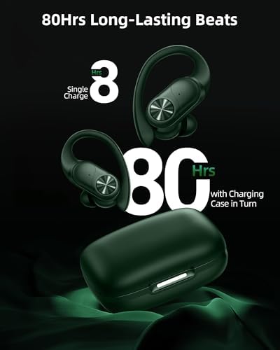 PocBuds Bluetooth Headphones Wireless Earbuds 80hrs Playtime Wireless Charging Case Digital Display Sports Ear Buds with Earhook Deep Bass IPX7 Waterproof Over-Ear Earphones for TV Phone Laptop Olive - Image 2