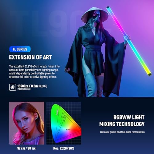 NEEWER RGB Tube Light, 30W LED Video Light RGBWW Full Color Stick Light Wand with 18 Scenes 7 Pixel Effects 2500-10000K CRI97/TLCI98 6000mAh, APP/2.4G/DMX Control for Photography Video Record, TL90C - Image 4