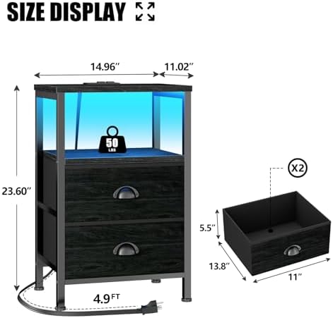 Furologee Night Stand with LED Light, Charging Station, 2 Drawer, Black Oak - Image 3