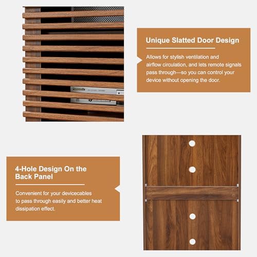 LEVNARY 5-Tier AV Media Cabinet with Grille Door & Adjustable Shelves, Modern Wooden Stereo Rack with Cable Management & Wheels, Audio Video Stand for Living Gaming Room Recording Studio (Walnut) - Image 6