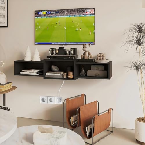 IBUYKE Floating TV Stand Wall Mounted with Power Outlet,Modern Wood Wall Mounted Media Console Shelf,Floating Entertainment Center for Under TV Storage for Living Room Bedroom Office,Black WST001B- - Image 4