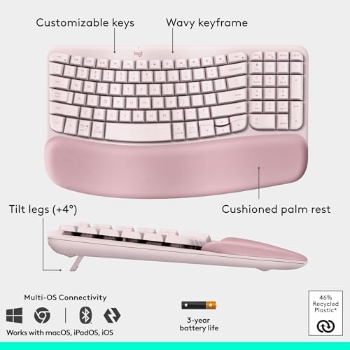 Logitech Wave Keys & Lift Vertical Mouse Ergonomic Wireless Combo - Rose - Image 6