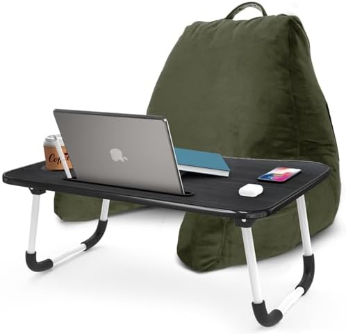 Nestl Reading Pillow with Portable Laptop Lap Desk - Shredded Memory Foam Back Support Pillow for Sitting Up in Bed and Couch Rest Pillows with Arms, Bed Tray Table with Foldable Legs, Olive Green by Nestl