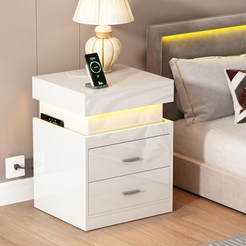 ChooChoo LED Nightstand Set of 2,Smart Night Standwith Charging Station and Sliding Top Storage, White - Image 6