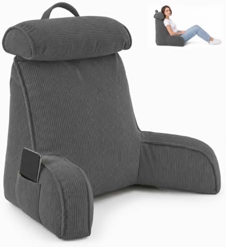Reading Pillow for Bed with Detachable Neck Roll and Shredded Memory Foam, Back Pillow with Arms for Sitting Up, Washable Bed Rest Pillow with Side Pocket for Gaming, Sofa, Dorm - Dark Gray by Unknown