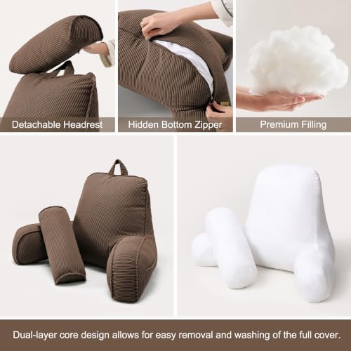 Reading Pillow for Sitting Up in Bed with Arms, Corduroy Back Support Cushion with Side Pockets & Washable Cover, Bed Rest Pillow for Sofa Reading, Relaxing & Watching TV, Chocolate - Image 6