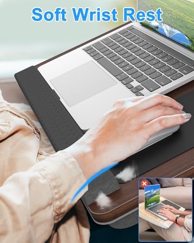 HETTHI Laptop Lap Desk, Portable Large Laptop Desk for Bed, Up to 17 in Lap Table with Wrist Rest, Mouse Pad, Tablet Phone Slot, Portable Handle, Lap Tray with Cushion (Dark Brown) - Image 3