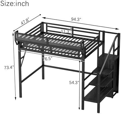 KEIKI Twin Size Metal Loft Bed Frame with Convertible Staircase, Built-in Storage Shelves & Wardrobe, Loft Bed with Solid Slats & Guardrail, No Box Spring Required, Easy Assembly, for Bedroom, Black - Image 2