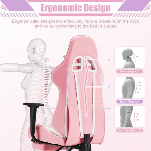 ECOTOUGE Pink-White Ergonomic PC Massage Gaming Chair | Reclining Racing PU Leather, Swivel Rocker, Headrest, Lumbar Pillow, Office Desk Chair, Adjustable Height, Sturdy Base - Image 6