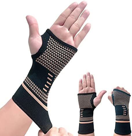 Copper Wrist Compression Sleeves(2PCS), Elastic Wrist Support Sleeve Wrist Brace for Tendonitis, Arthritis, Sprains Pain Relief, Breathable Carpal Tunnel Hand Brace for Sport, Fitness, Workout, Typing by ANHOGEU