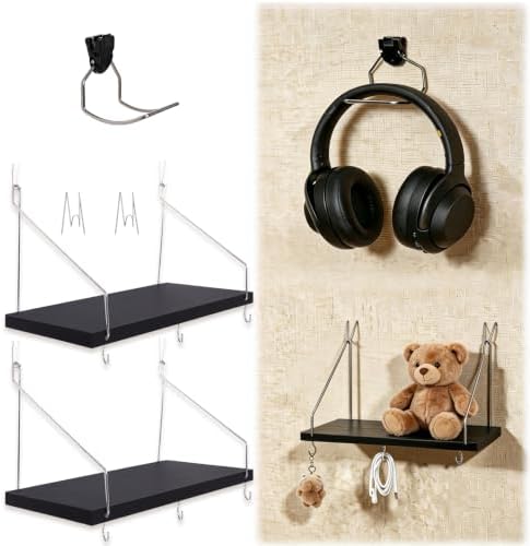 Fabric Wall 2 Pack Wooden black Cubicle Shelf with 1 Headphone Stand Hanging Silver Hanger, Office Organizer Accessories, Women Men Desk Organizer Stylish Ations Holder, Desk Work Space Storage Hook by Unknown