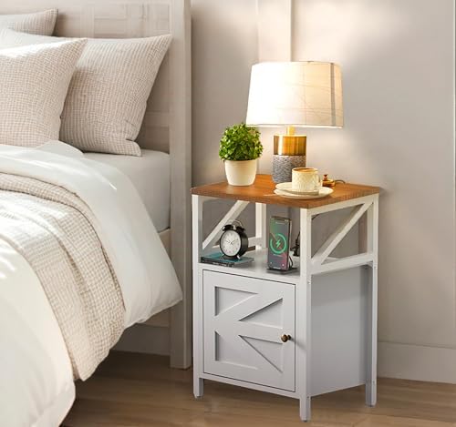 Side Table with Charging Station - Bedside Tables for Small Spaces White - Image 2