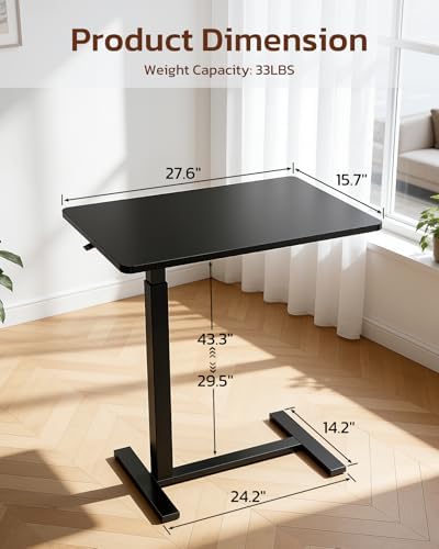 Overbed Bedside Table with Hidden Casters, Adjustable Pneumatic Mobile Laptop Computer Standing Desk, Rolling Laptop Table, Movable Overbed Table Hospital Home Use, Black - Image 3