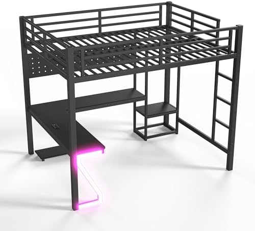Bellemave Queen Size Metal Loft Bed with L-Shaped Desk, Z-Shaped LED Lights & Charging Station, Heavy Duty Loft Bed Frame with Hanging Rod for Kids, Teens & Adults, Space Saving,Black - Image 7