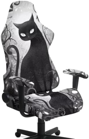 Black Cat Gaming Chair Cover with Armrest Covers Painting Style Computer Chair Slipcovers Set of 4 Split Computer Chairs Slipcovers for Home Club Office Decorations by Merkmak