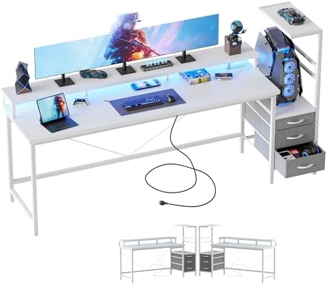 68" Reversible Gaming Desk with Drawers, Large Computer Desk, White by MERICONIA